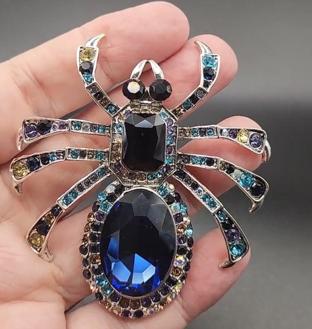 Spider Brooch Beautiful Dark Blue Faux Jewel Large Size